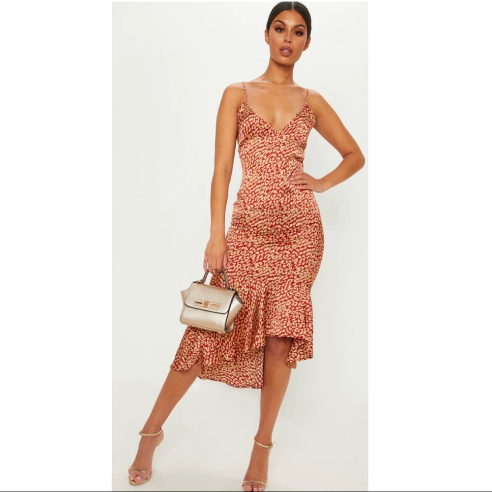 Red Leopard Print Frill Hem Midi Dress